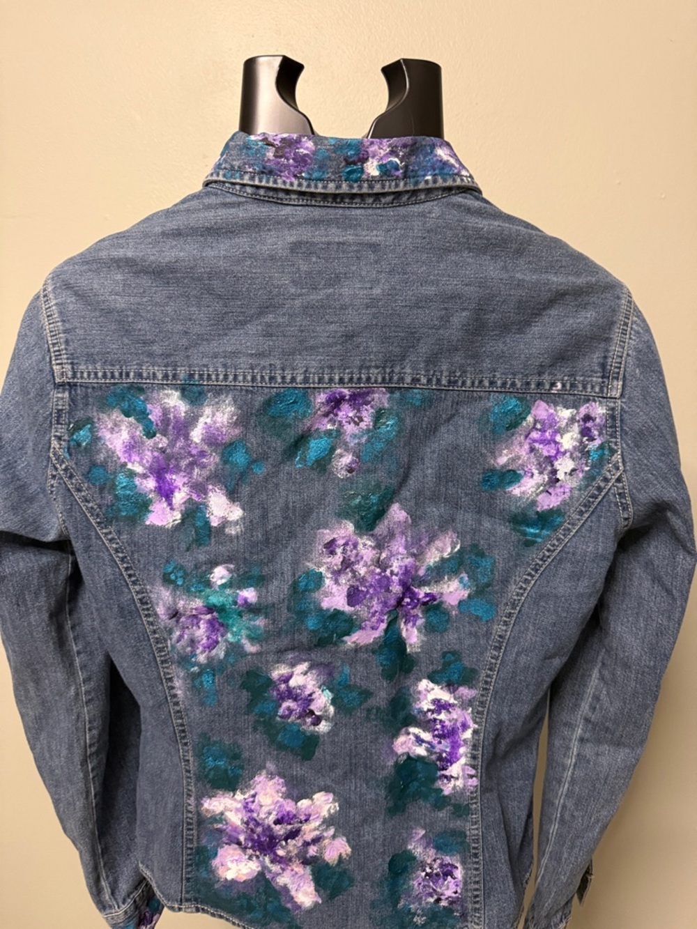 Handpainted Denim Button-Down Shirt with Purple Floral Accents - Picture 4 of 6